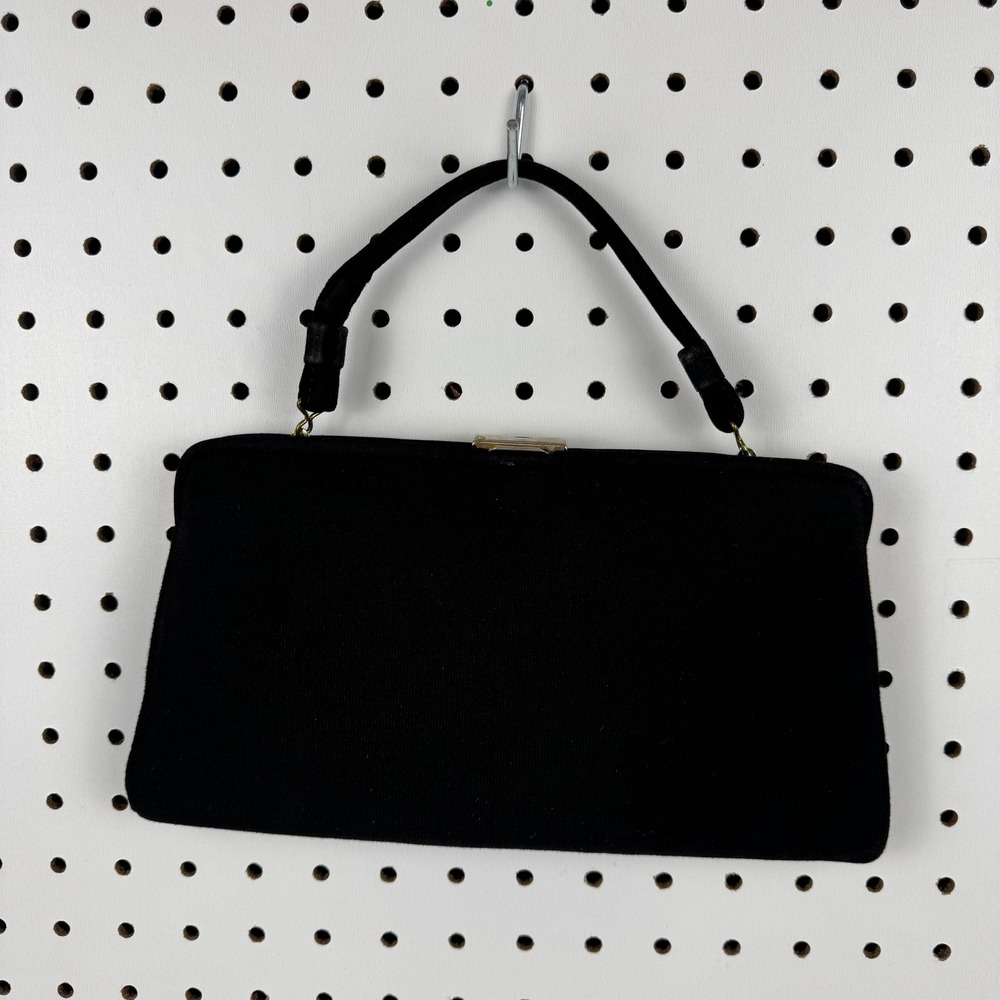 Vintage Black Fabric Evening Bag‎ Structured Top Handle Gold Tone Clasp Purse